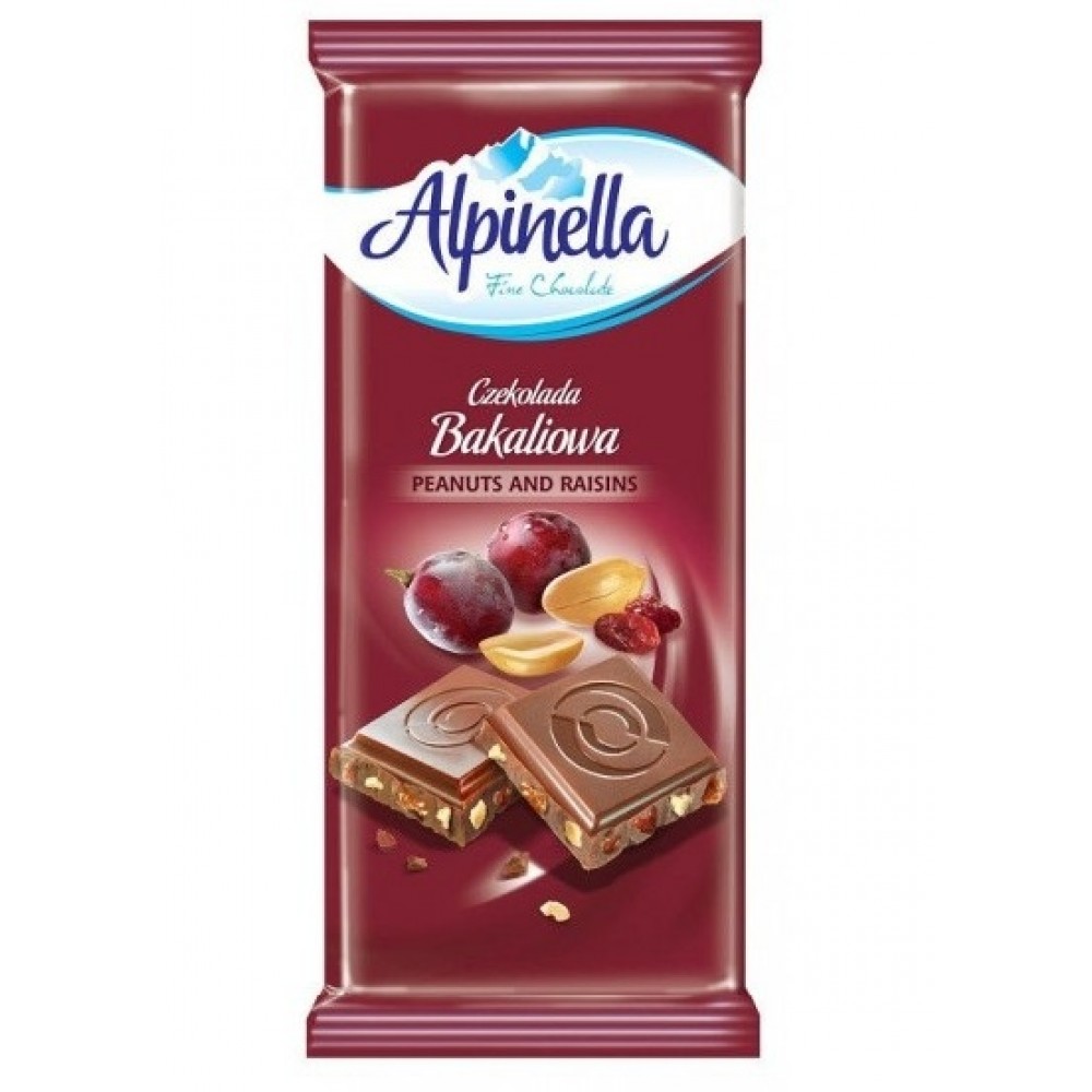 Шоколад "Alpinella" молочний з родзинками і горіхом, 90г