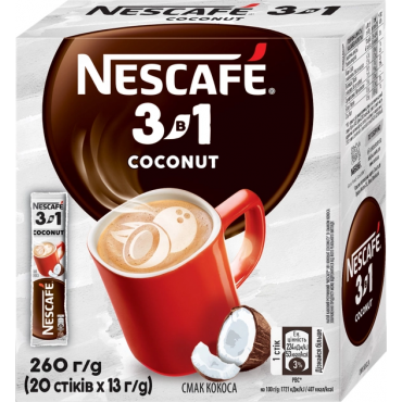 Кавовий напій NESCAFE 3-в-1 Coconut зі смаком кокосу розчинний у стиках 20 шт х 13 грам