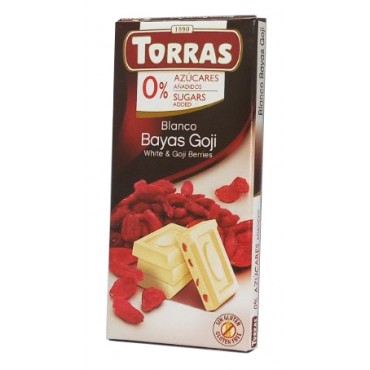 Шоколад Torras білий з ягодами годжі без цукру і глютену 75 грам