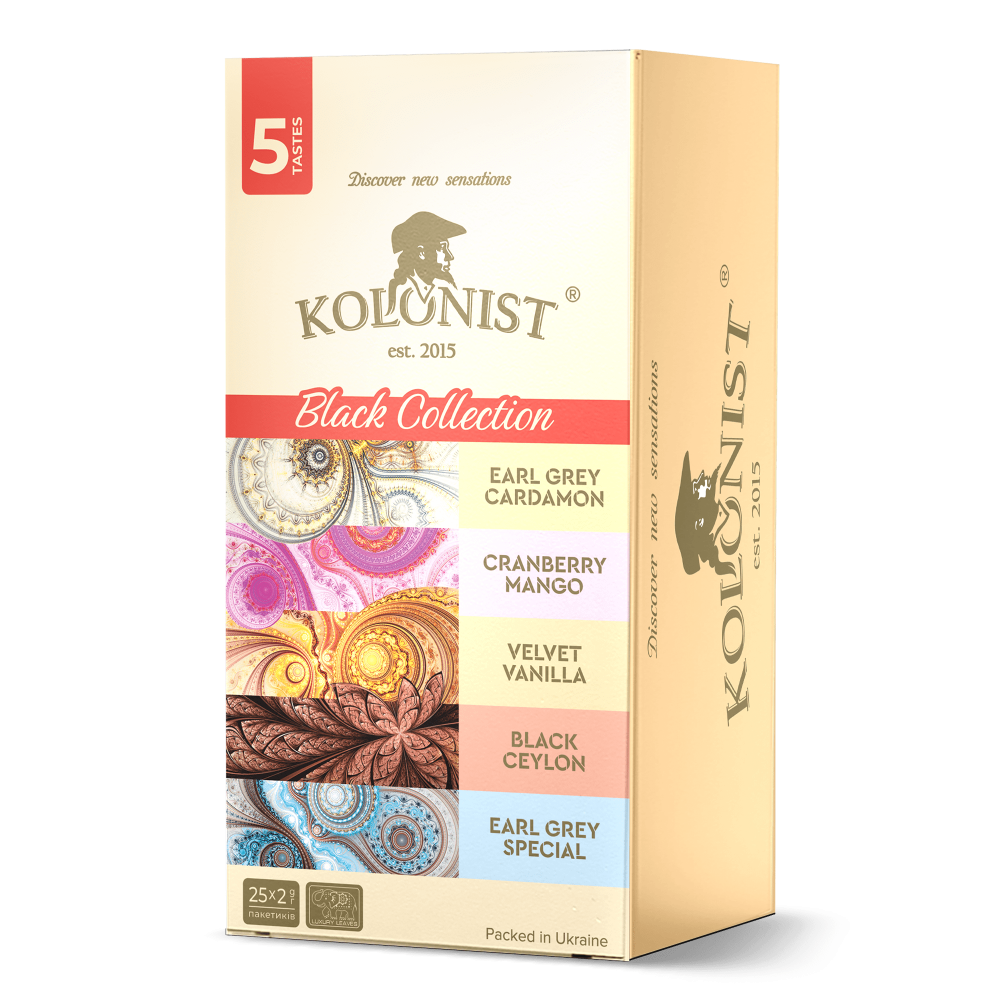 Чай Kolonist чорний Black Collection 25 (5 видів по 5 штук) пакетів сашетів