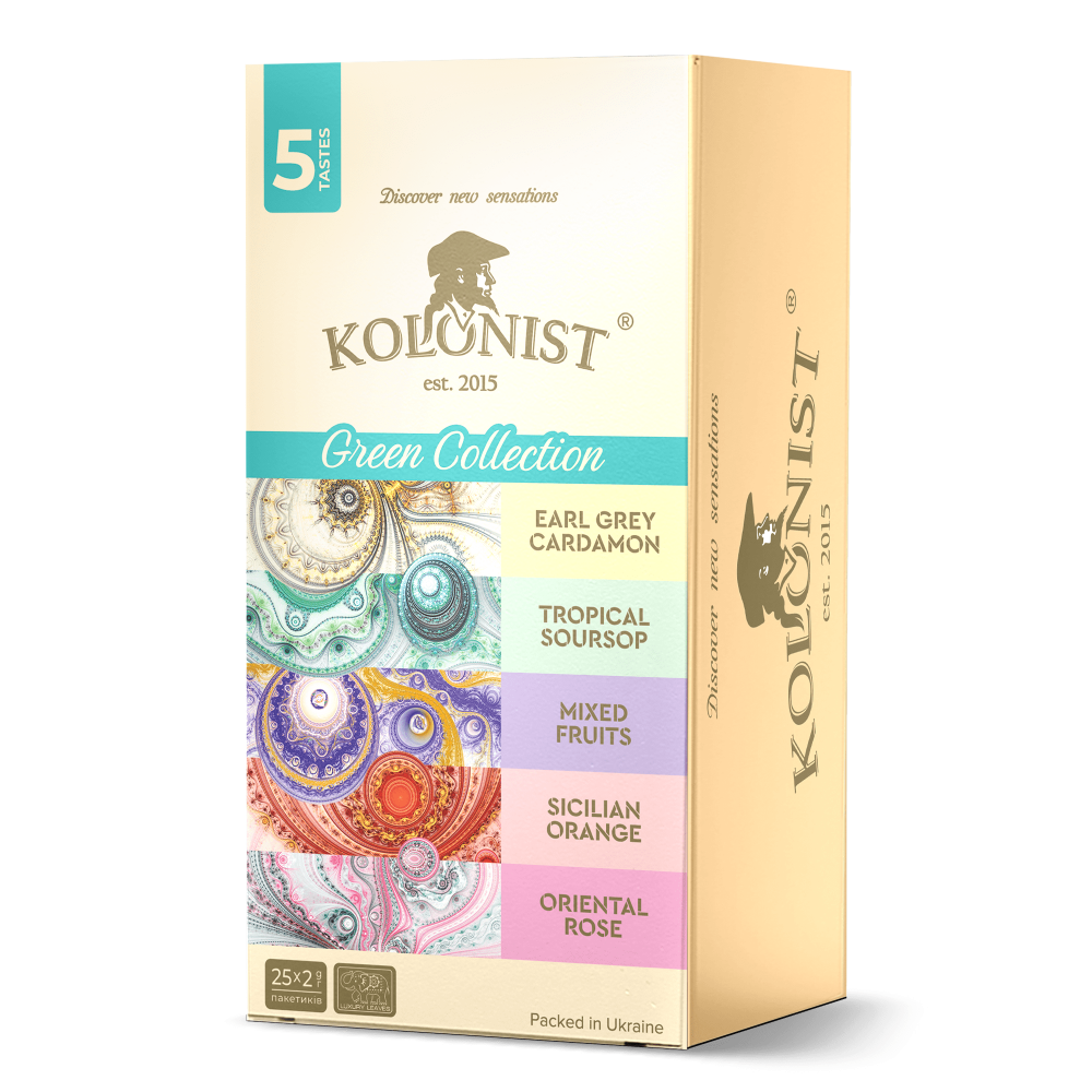Чай Kolonist зелений Green Collection 25 (5 видів по 5 штук) пакетів сашетів