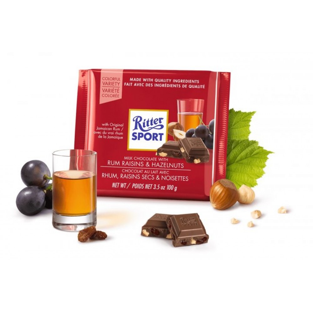 Молочний шоколад Ritter Sport з ямайським ромом, родзинками та горіхами 100 грам