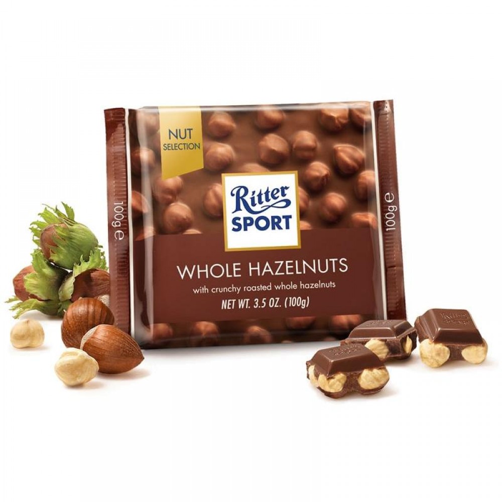 Шоколад молочний Ritter Sport з цілісним лісовим горіхом, 100 грам