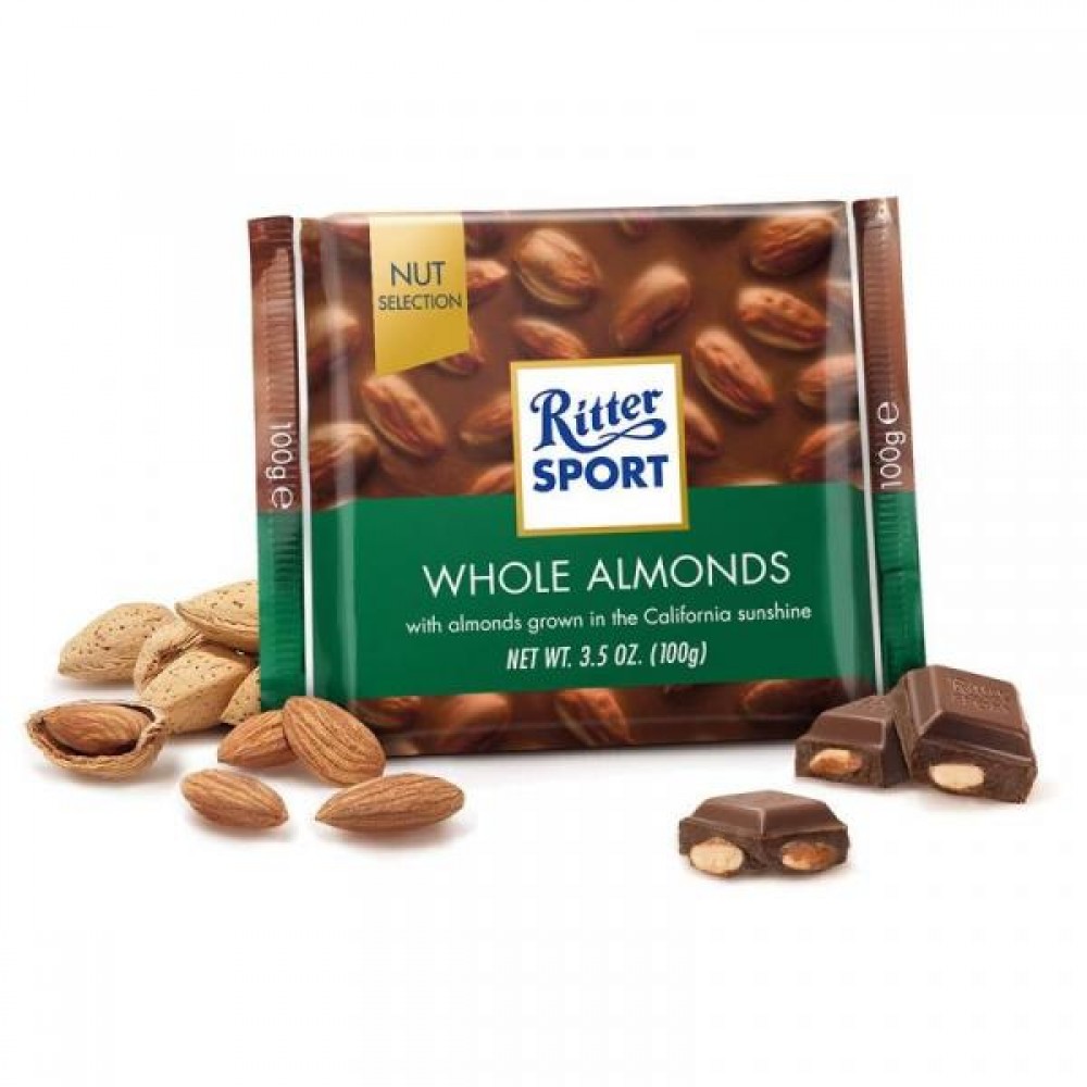 Шоколад молочный Ritter Sport с цельным миндалем, 100 грамм