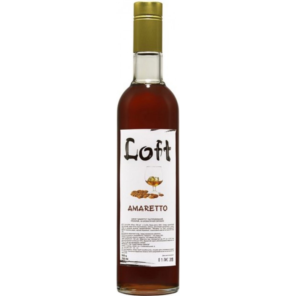 Сироп LOFT Амаретто 700 мл у скляній пляшці.