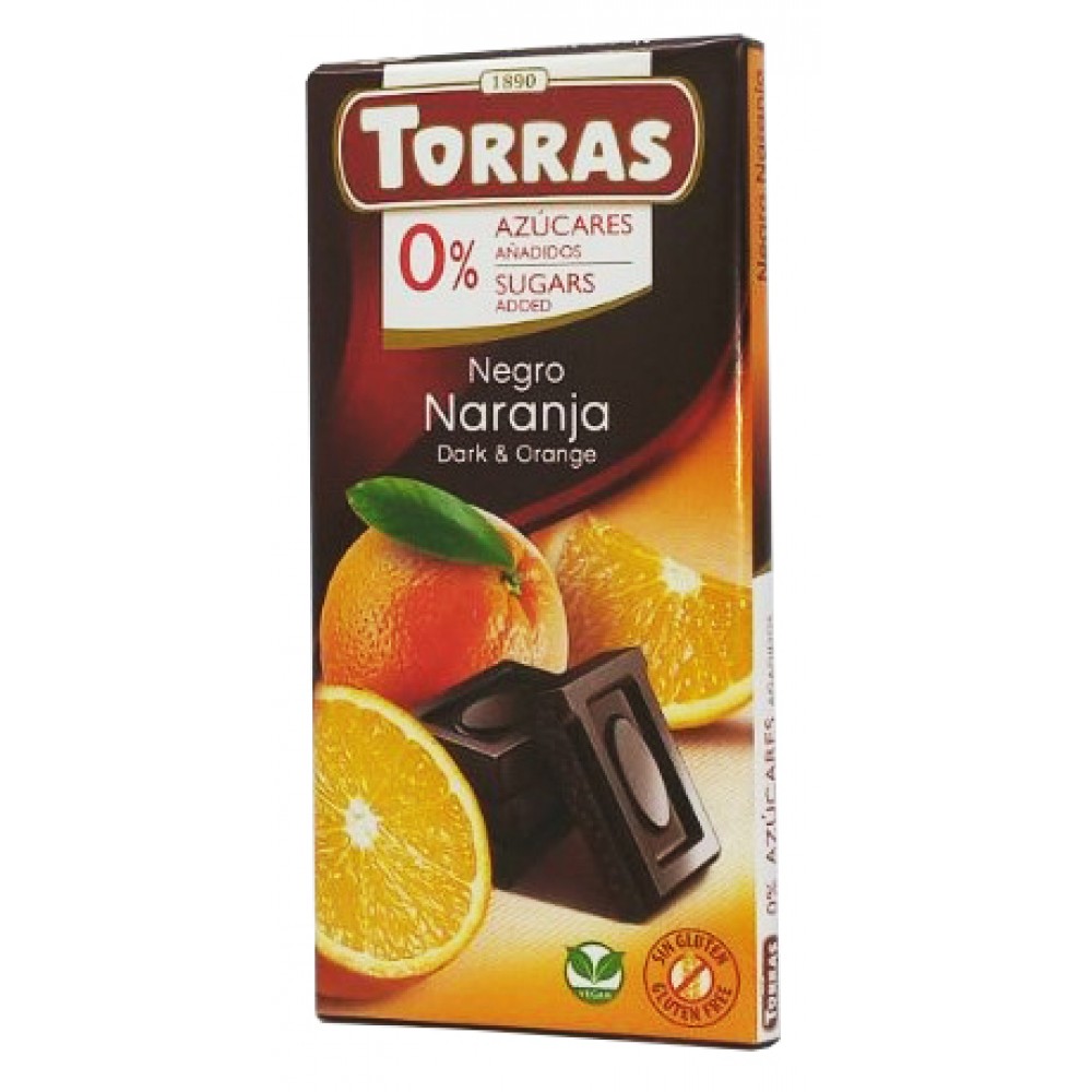 Шоколад Torras чорний з апельсином 52% какао без цукру та глютена 75 грам