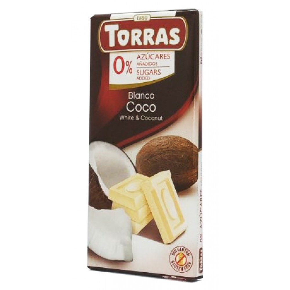Шоколад Torras білий з кокосом без цукру і глютену 75 грам