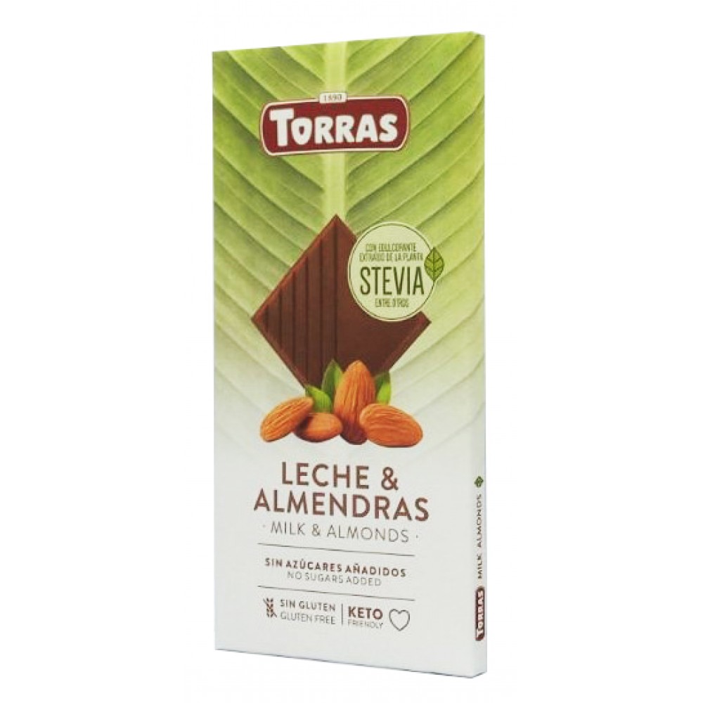 Шоколад Torras Stevia молочний з мигдалем зі стевією без цукру та глютену 125 грам