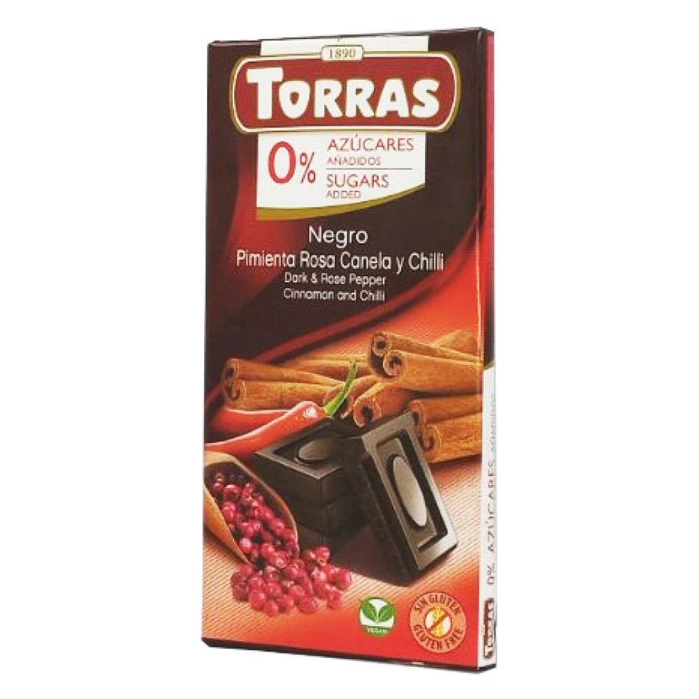 Шоколад Torras черный с розовым перцем, чили и корицей 52% какао без сахара и глютена 75 грамм