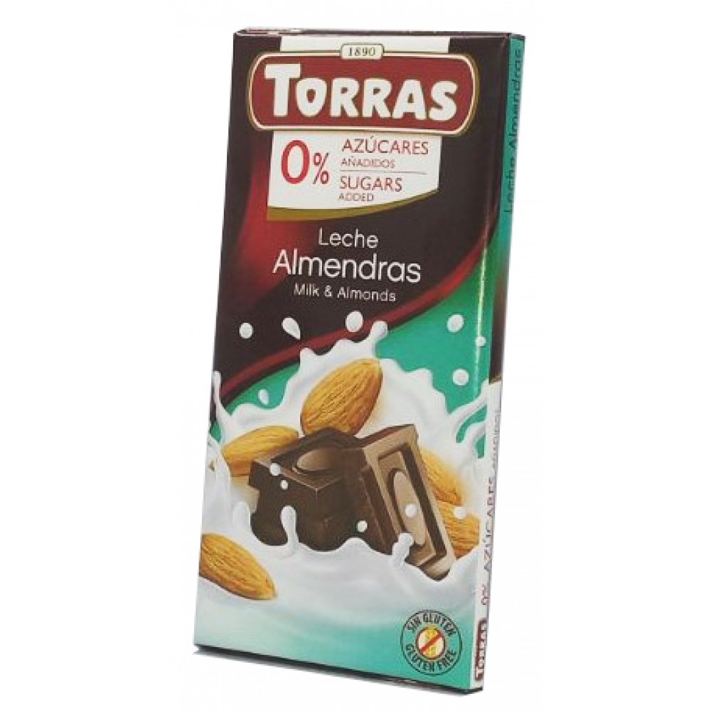 Шоколад Torras молочний з мигдалем без цукру та глютену 75 грам