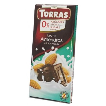 Шоколад Torras молочный с миндалем без сахара и глютена 75 грамм
