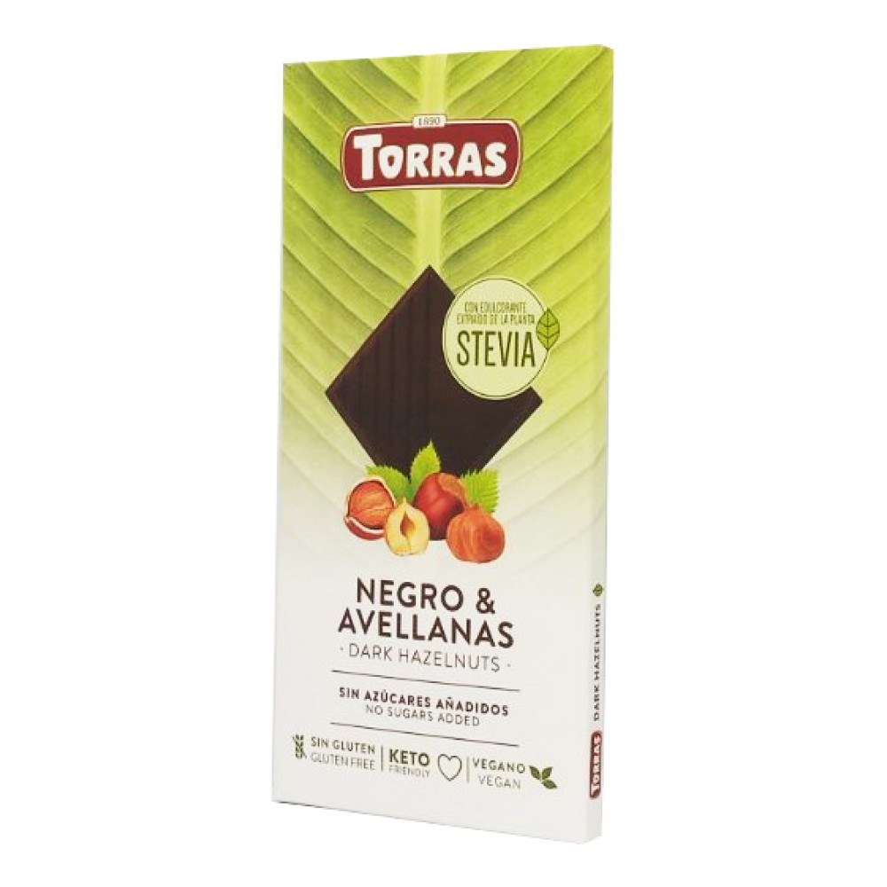 Шоколад Torras Stevia чорний з фундуком зі стевією без цукру та глютену 125 грам