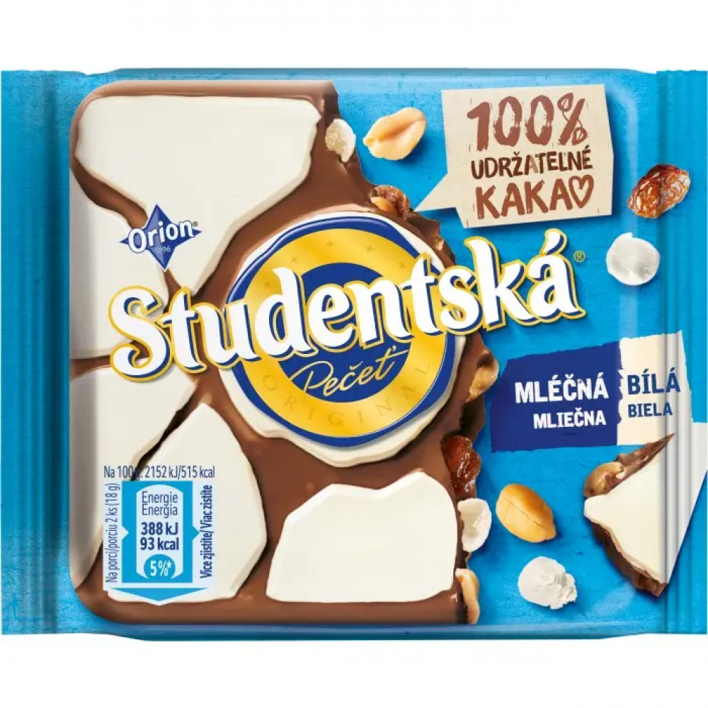 Шоколад Duomix білий і молочний Studentska з арахісом, родзинками та желейними цукерками, 90 грам