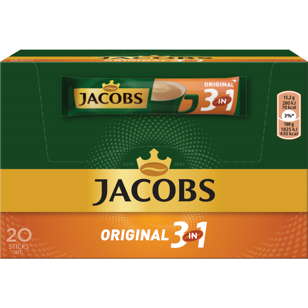 Кава "Jacobs" Monarch original 3 в 1, 20 стіків по 15,2 грама