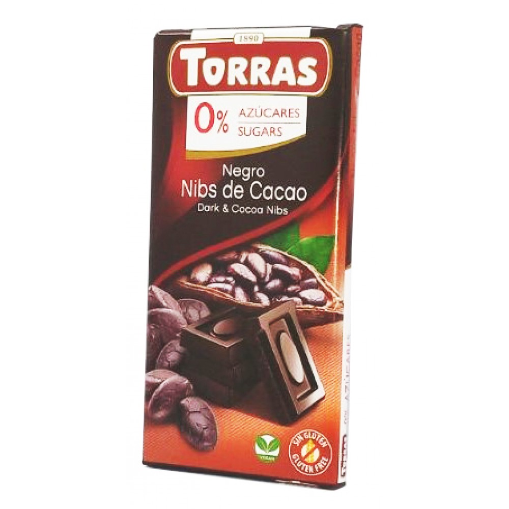 Темний шоколад із крупинками какао бобів без цукру Torras Negro Nibs de Cacao Dark & Cocoa Nibs 75 грам